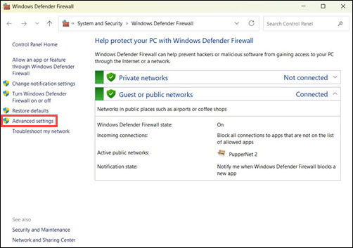Advanced Settings in Windows Defender Firewall