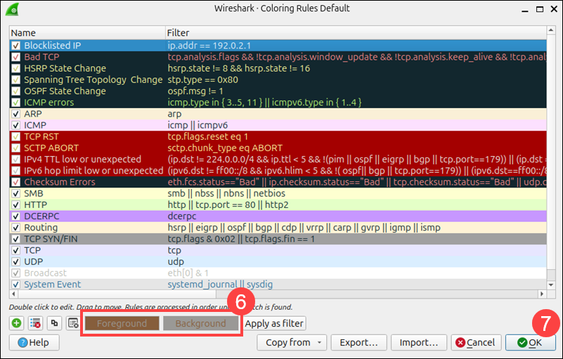 Apply custom coloring in Wireshark.