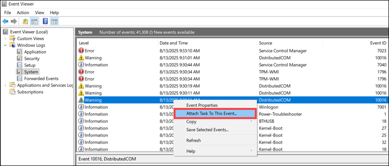 Attach a task to an event in the Windows Event Viewer.