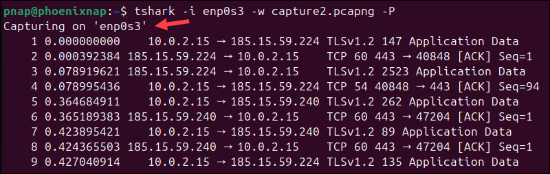 Capture and print packets using tshark.