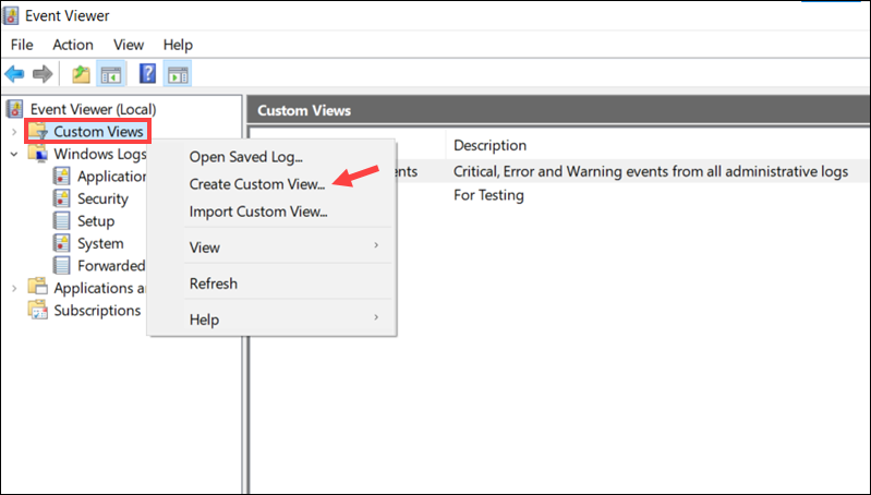 Create a custom view in the Event Viewer.
