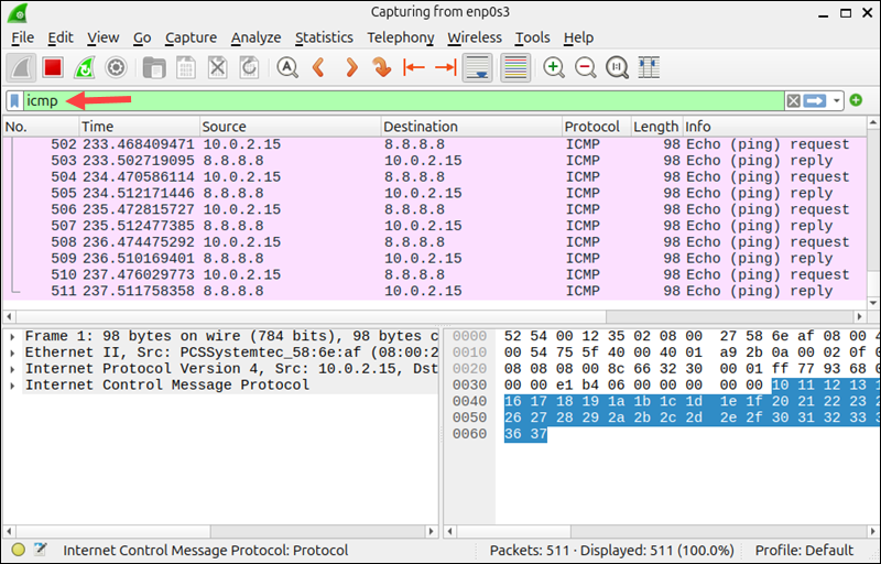 Display filter for ping in Wireshark.