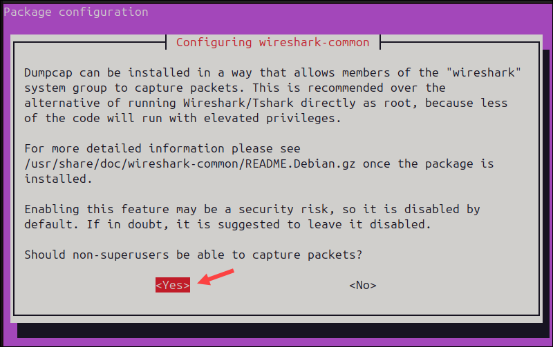 Prompt asking if Wireshark can be run by  non-root user.