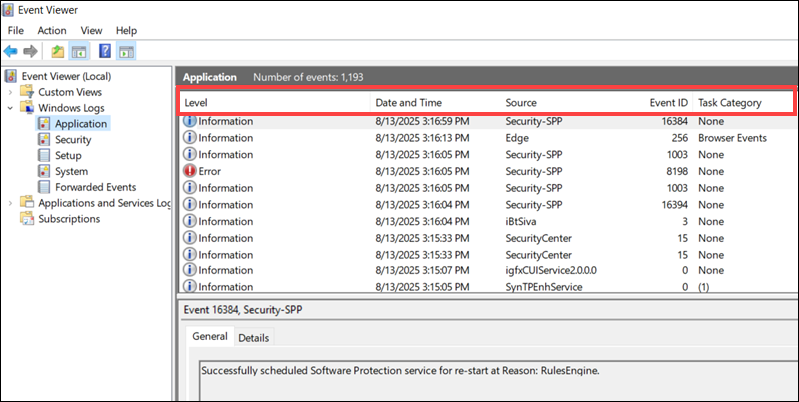 Data presented in the Event Viewer.
