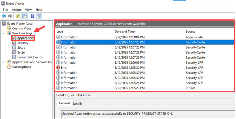 Application events in Windows Event Viewer.
