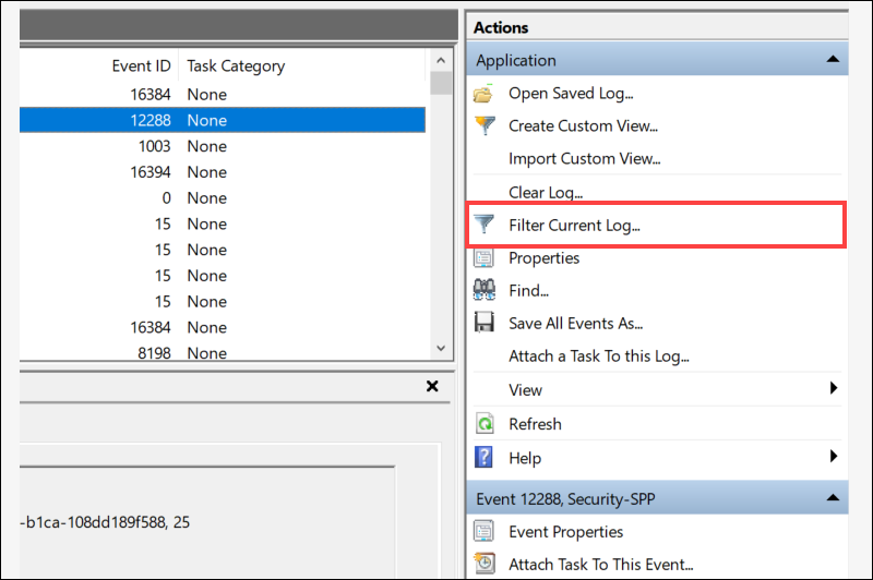 Filter current log in Windows Event Viewer.
