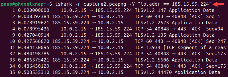 Filter captures in tshark.