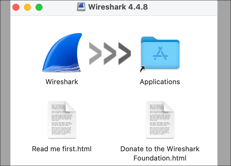Copying the Wireshark disk image in macOS.
