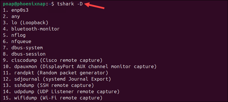 List network interfaces in tshark.