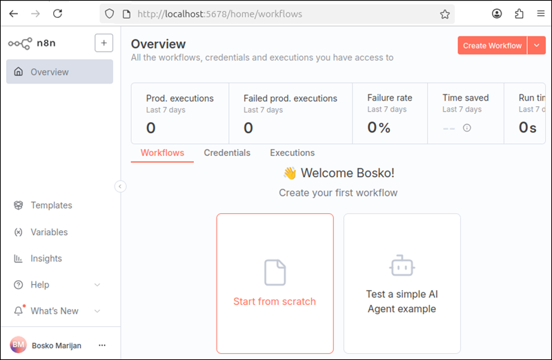 n8n workflow dashboard after installation.