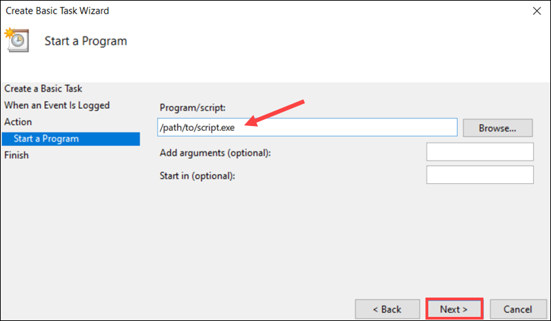 Enter script path for task in Windows Event Viewer.