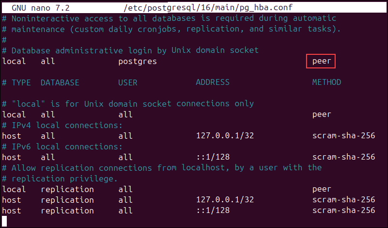 Changing the settings that control local connections for PostgreSQL in Linux.
