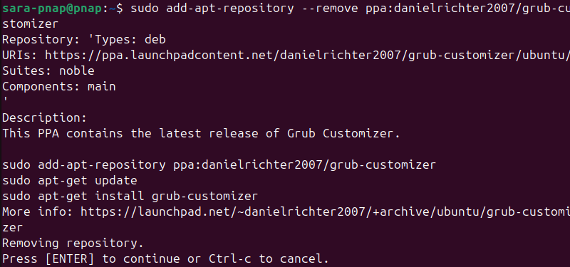 sudo add-apt-repository --remove ppa:danielrichter2007/grub-customizer terminal output