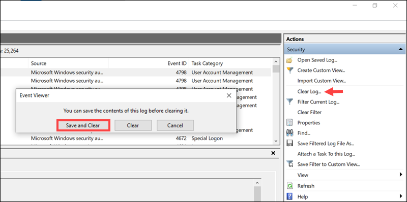 Save event log before clearing entries.