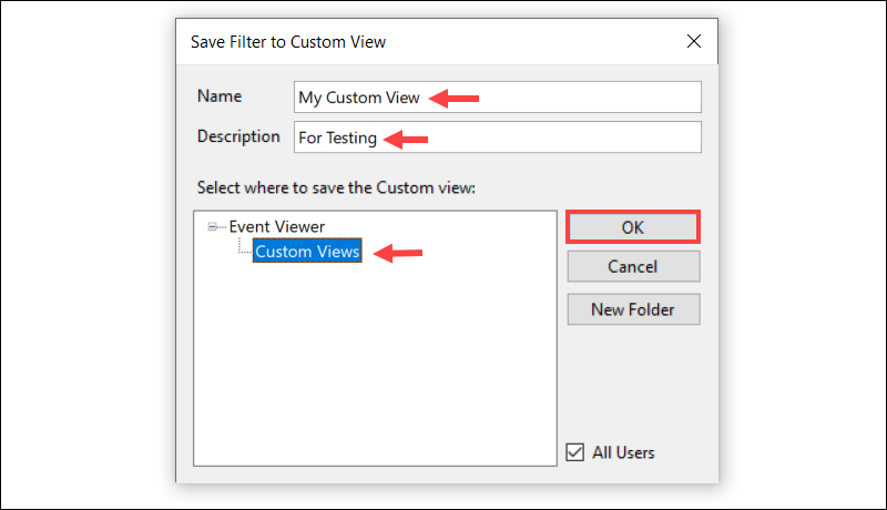 Save custom view in Event Viewer.