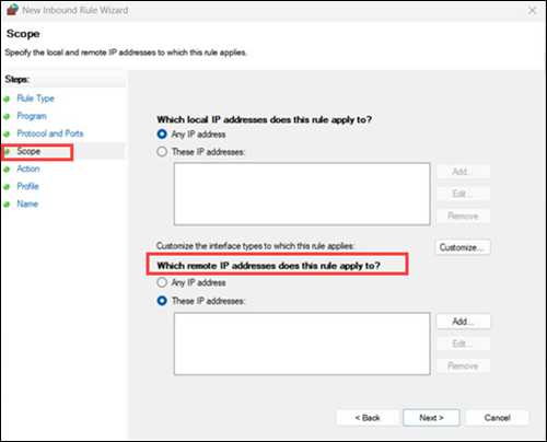 Under Scope, go to the Which remote IP addresses does this rule apply to? section