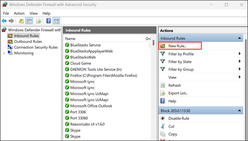 Select Inbound Rules and New Rule