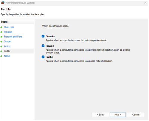 Select which network profiles the rule applies to