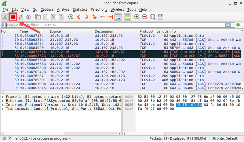Stop capture in Wireshark.