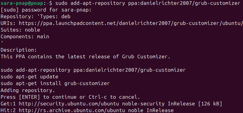 sudo add-apt-repository ppa:danielrichter2007/grub-customizer terminal output