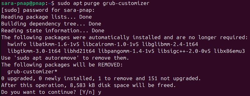 sudo apt purge grub-customizer terminal output