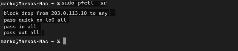 sudo pfctl -sr terminal output