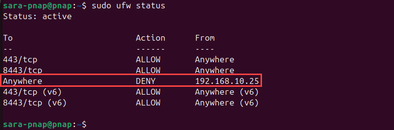 sudo ufw status terminal output