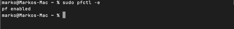 terminal output for sudo pfctl -e