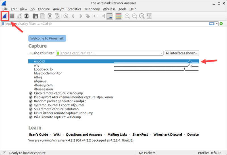 Main Wireshark interface.
