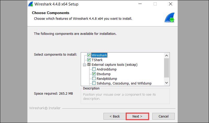 Selecting Wireshark components.