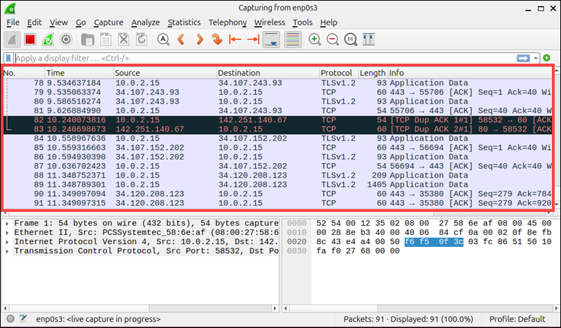 The packet list in Wireshark.