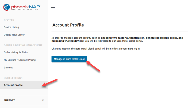 The location of the Account Profile item in the main menu, with the Manage in Bare Metal Cloud button visible.
