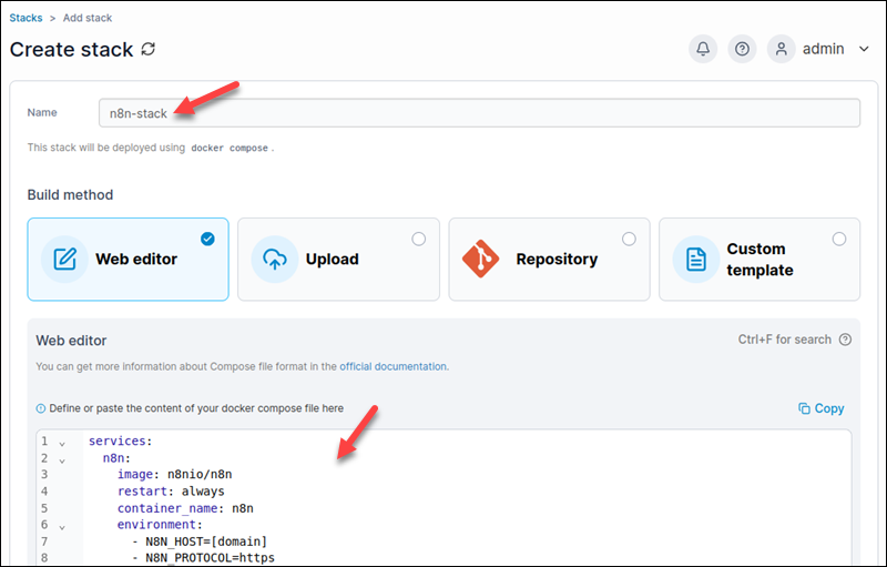 Create stack dialogue in Portainer.