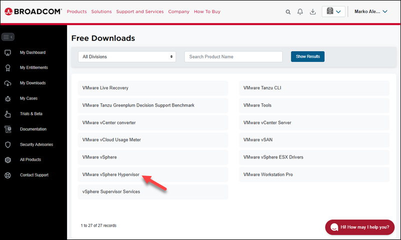 The location of the VMware vSphere Hypervisor download item in the Broadcom portal.