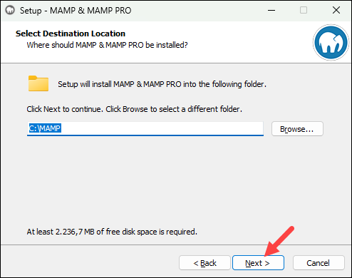 Choose MAMP installation location on Windows.