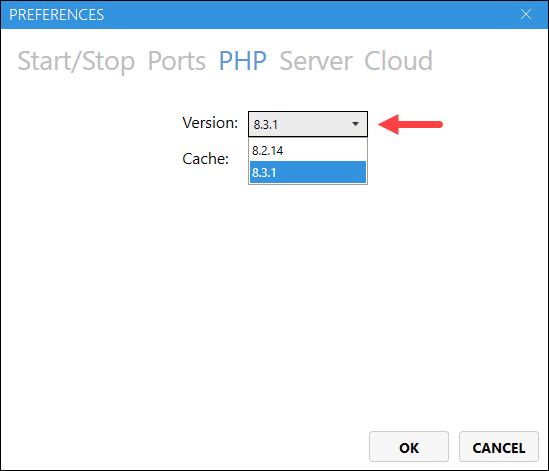 Choose PHP version in MAMP.
