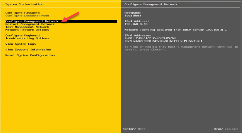 The location of the Configure Management Network item.