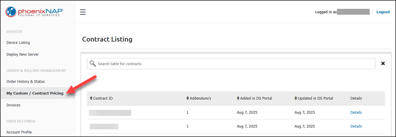 The location of the My Custom/Contract Pricing item in the main menu.
