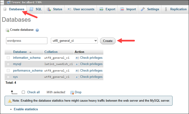 Create a database for WordPress in phpMyAdmin.