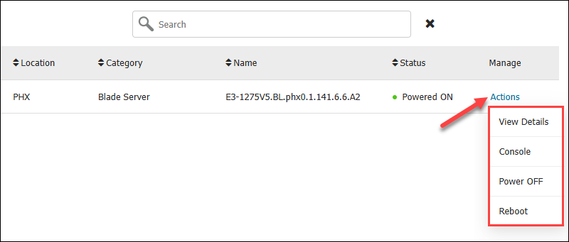 A dropdown menu for the Actions item on the Device Listing page.