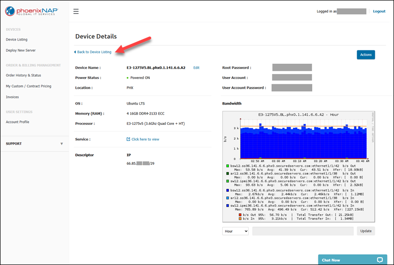 The Device Details page with the location of the Back to Device Listing link.