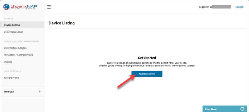 Empty Device Listing page showing the Add New Device button.