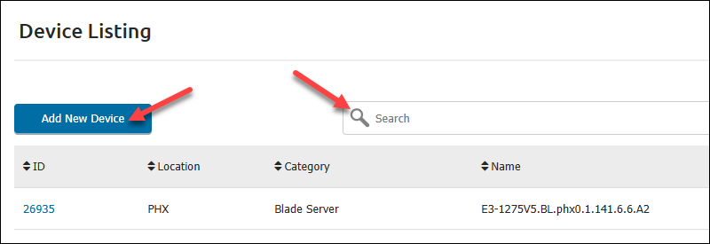 The locations of the Add New Device button and the search bar on the Device Listing page.