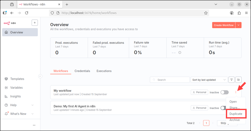 Duplicate workflows in n8n UI.