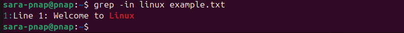 grep -in linux example.txt terminal output