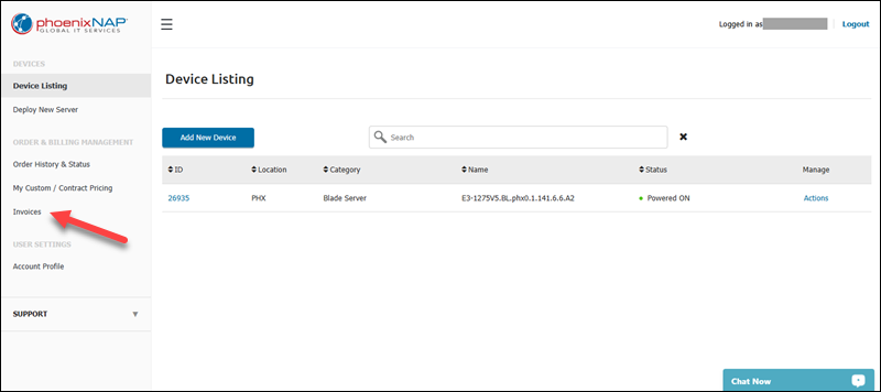 The location of the Invoices item in the main menu.