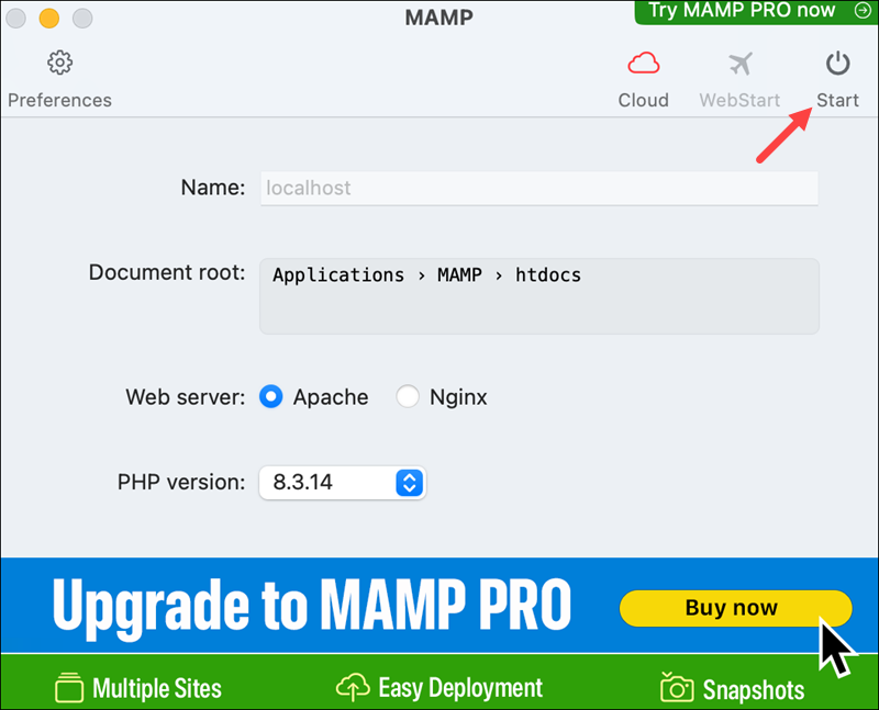 MAMP control panel on macOS.