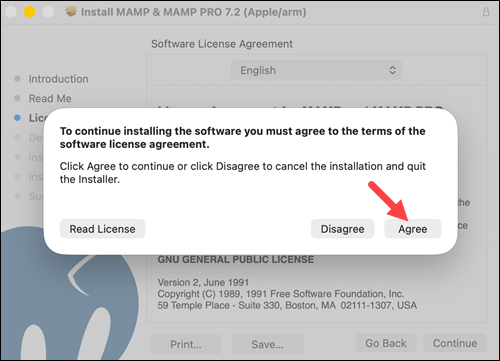 Agree to the MAMP license agreement.