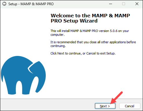 MAMP installation wizard welcome screen.