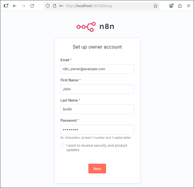 Setting up an owner account in n8n.